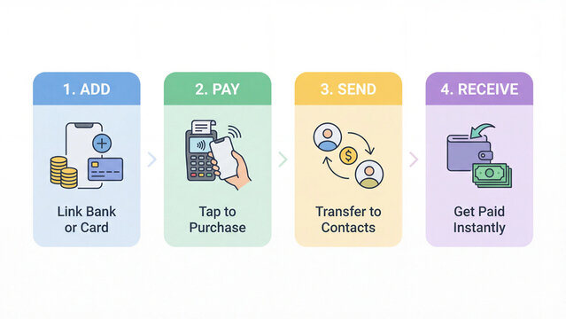 Digital wallet payment process framework for linking bank accounts tap to pay contactless purchasing peer to peer transfer and instant fund receiving in mobile finance