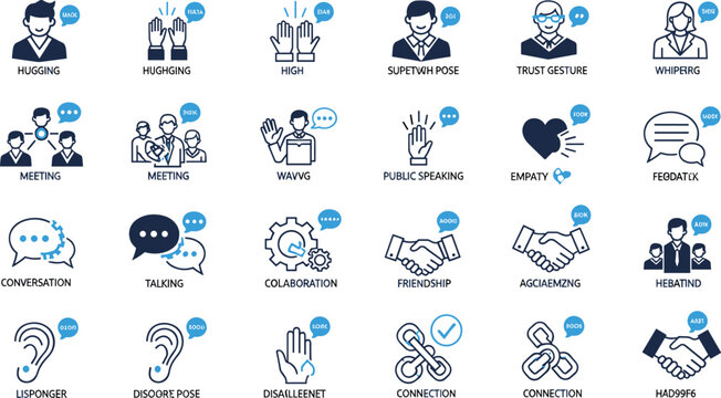 Communication and interpersonal skills flat icons set featuring teamwork, conversation, empathy, collaboration, public speaking, gestures, and social interaction concepts