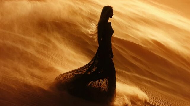 Mysterious female silhouette walking on a sand dune during a strong desert windstorm at sunset