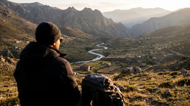 A lone figure is gazing at a stunning mountainous landscape