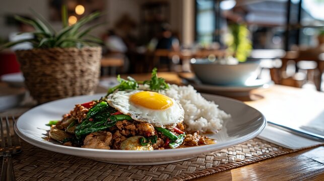 Pad Krapow Gai in cafe, thailand