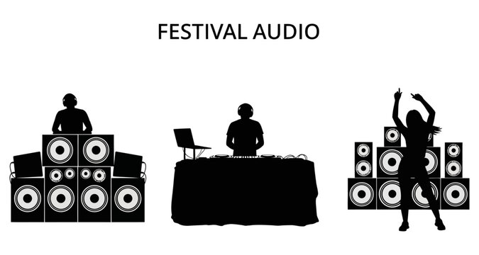 DJ performing with sound system and dancing crowd at a music festival event