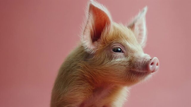 Cute small piglet posing and changing facial expressions in a studio with a pink background