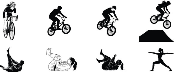 Naklejka premium Bmx and mountain bike riders in dynamic silhouette illustrations