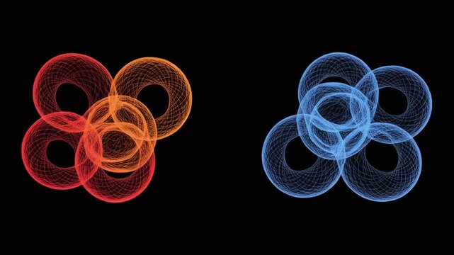 Abstract Interlocking Rings: Orange and Blue Fractal Forms on Black Background