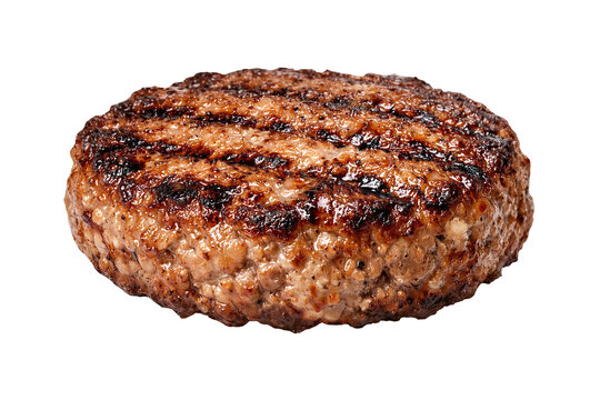 Grilled beef burger patty isolated on transparent background juicy charred texture closeup