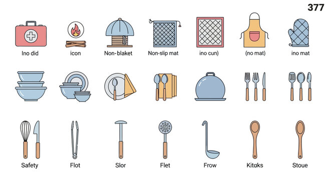 Collection of various line icons representing essential kitchen objects and tools