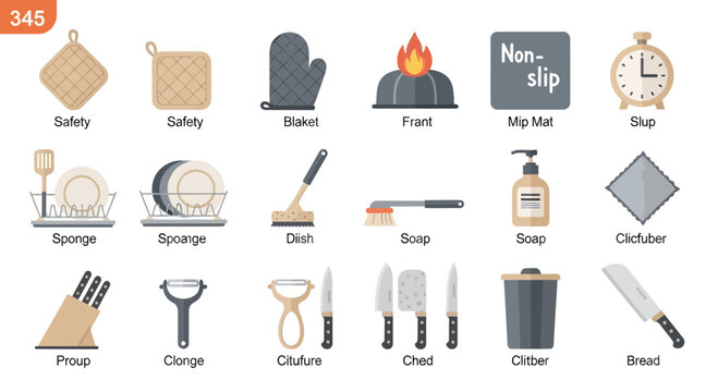Collection of kitchen utensils and tools in flat vector style