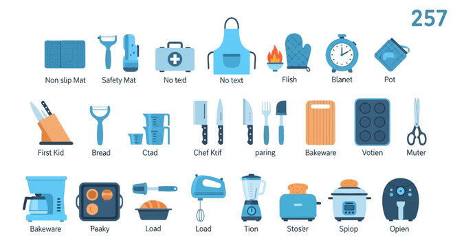 Collection of kitchen utensils and tools in flat vector style