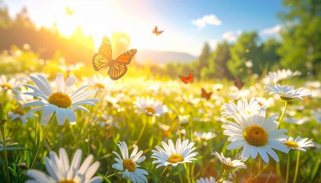 Sunlit field of daisies with fluttering butterflies. Chamomile flowers on a summer meadow in nature, panoramic landscape.

