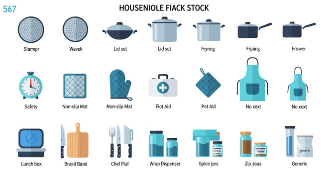 Collection of kitchenware and cooking tools illustrated on a white background