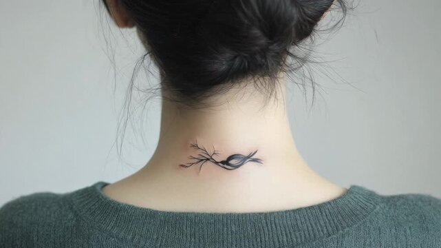 Rear view of a young woman with a small bird tattoo on the back of her neck and her hair in a bun