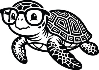 Fototapeta premium Adorable sea turtle wearing glasses mascot character logo black and white vector illustration for creative designs.