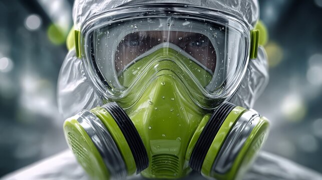 A close-up view of a person wearing a gas mask in a lab setting.
