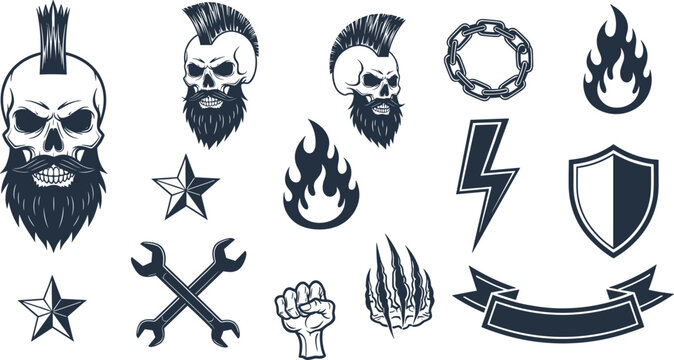 Punk Skull Beard Icons Set with Rebel Symbols