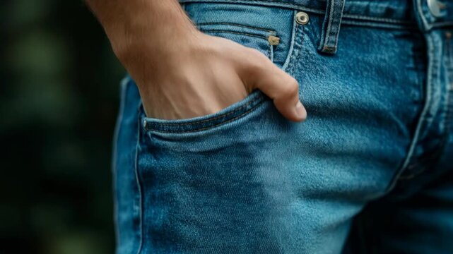 Close-up of a young man placing his hand inside his blue denim jeans pocket outdoors
