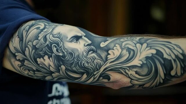 Closeup view of a man's bicep showing a detailed black and grey sleeve tattoo of a bearded man