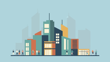 Obraz premium A vibrant illustration of a modern city skyline with diverse buildings and tiny people walking along the street.