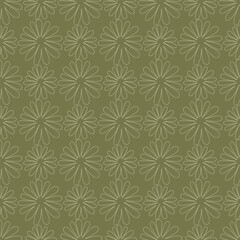 Fototapeta premium Lace flowers. Seamless vector pattern. Endless floral print. Outline on an isolated green background. Outline flowers with long petals. Doodle style. Idea for web design, wallpaper, or postcards.