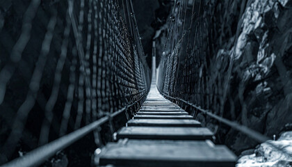 Obraz premium Dark Blue Toned Perspective of a Narrow Suspension Bridge in a Canyon stock (63