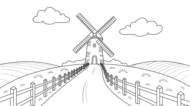 Doodle illustration of a windmill on a road leading through rolling hills a wooden fence clouds a clear sky