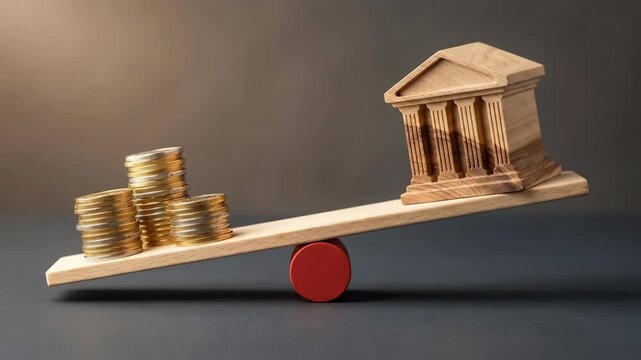 Balance coin bank finance investment economy savings lending credit interest wooden scale compares coin stack Inflation crisis global economic recession, risk bankruptcy, struggle, poverty