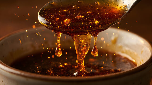 Close-up shot of a spoon dipping into a glistening bowl of rich, dark, flavorful sauce, with droplets falling