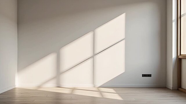 Minimalist interior with moving sunlight shadows on white wall and wood floor window