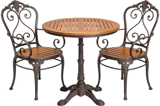 Elegant outdoor cafe table and two ornate wrought iron chairs with classic wooden slats, ideal for garden or patio use on transparent background.&nbsp;