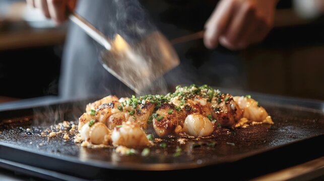 An energetic, interactive chef's table experience. At a sleek teppanyaki grill, the chef uses metal spatulas to expertly slide a sizzling platter