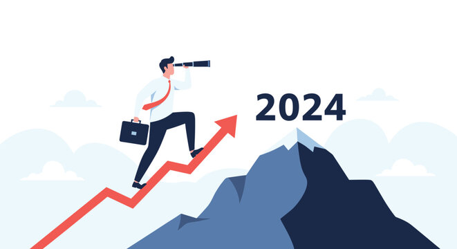 Businessman with a telescope climbing a red arrow towards the year 2024 on top of a mountain peak represents future goals and business aspirations.