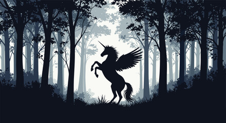 Fototapeta premium Dark silhouette of a majestic winged unicorn standing in a dense magical forest with morning light filtering through the trees.