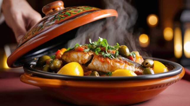 a Moroccan restaurant. A server lifts the conical lid of a beautiful, colorful ceramic tagine to reveal a steaming, fragrant fish stew inside