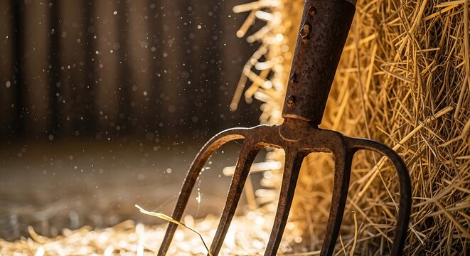 rusty pitchfork leaning on hay bale in barn