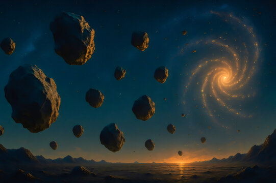 Asteroids floating over alien planet at sunset with spiral galaxy