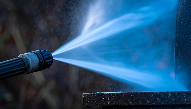 Pressure water jet spraying from a nozzle against a dark blurred background with a stone surface