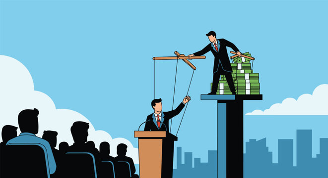Political businessman on a podium being manipulated like a puppet by a wealthy figure standing on stacks of cash for corruption theme.