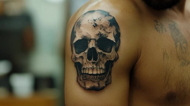 Detailed close-up of a black and grey skull tattoo on a man's muscular arm and shoulder