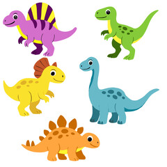 Naklejka premium Set of five cute cartoon dinosaurs in bright colors, including purple, green, yellow, blue, and orange characters, isolated on light background, ideal for kids design, education, and nursery decor.