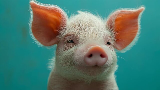 Adorable newborn piglet looking at camera wiggling its large ears on a clean studio background