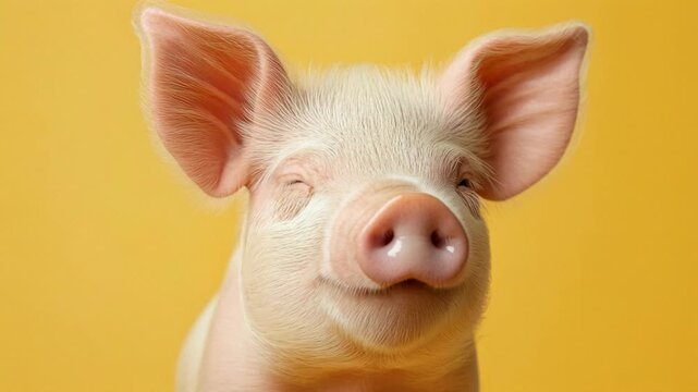 Close-up of a cute pink piglet with funny facial expressions on a yellow background