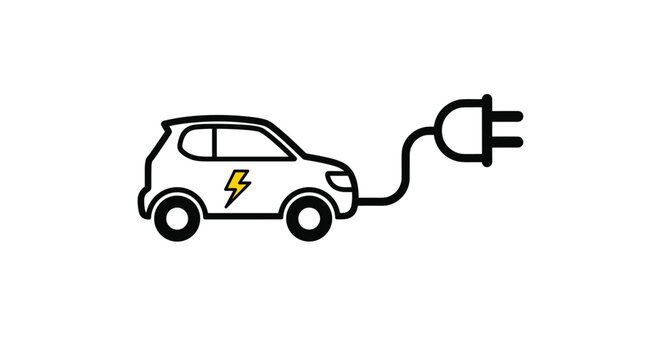 Simple line art icon of an electric car with a yellow lightning bolt symbol and a power plug for eco-friendly green energy transport.