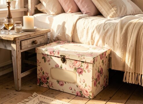 Floral storage box slid from under rustic bed, labeled seasonal dress storage, charming small bedroom solution