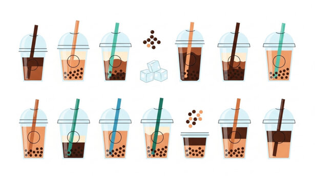 Set of iced coffee and bubble tea vector with takeaway drinks flat design collection