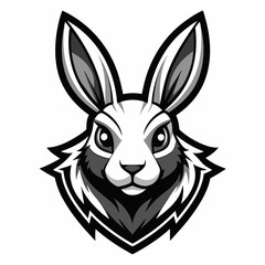 Obraz premium A black and white illustration of a rabbit's head with a shield around it, looking fierce and determined with a bold and striking design.
