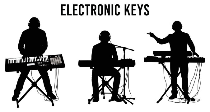 Musicians playing electronic keyboards in silhouette against a white background