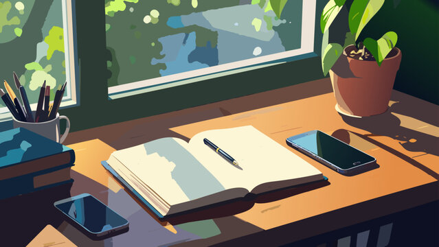 窓辺のデスクでの読書と勉強風景のベクターイラスト_1920x1080px