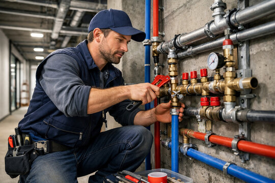 Skilled technician repairing plumbing system with wrench, working on pipes, valves, and pressure gauge in modern building, highlighting maintenance, repair service, construction, and professional trad
