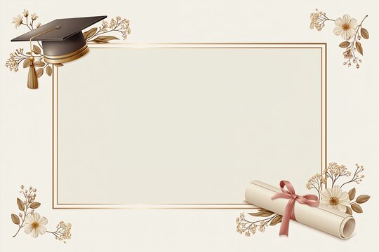 Graduation frame features a cap and a rolled diploma with floral accents on a soft beige background with ample central space for text.