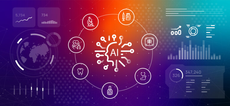 Artificial intelligence medical application and healthcare technology banner with digital brain for smart diagnostic systems and hospital management with data visualization and patient health tracking